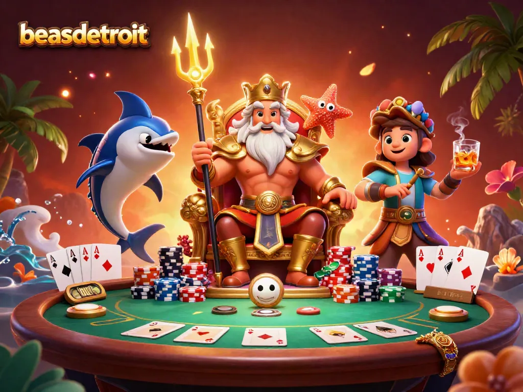 Engage in thrilling poker action with beasdetroit's electric atmosphere in a vibrant 3D scene.