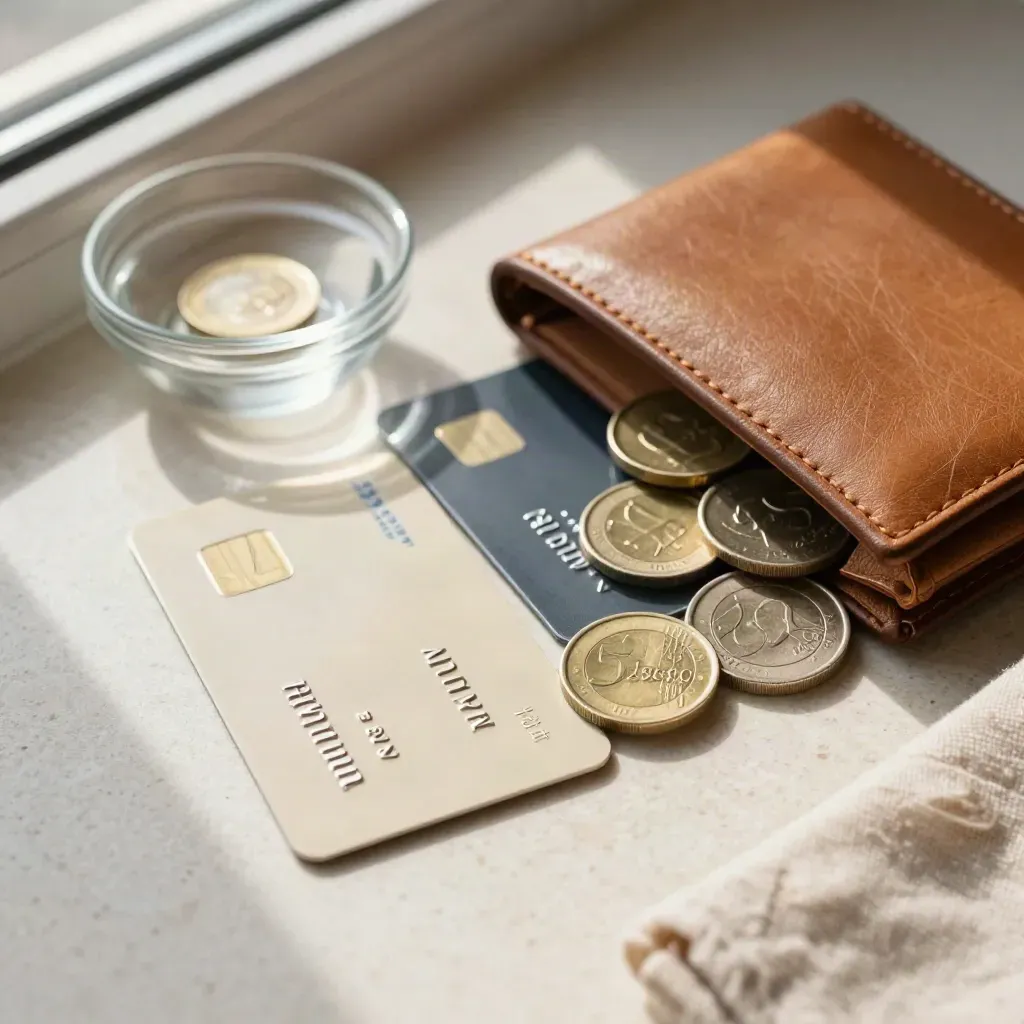 Carte bancarie, monete euro, portafoglio aperto e ciotola in vetro su travertino.