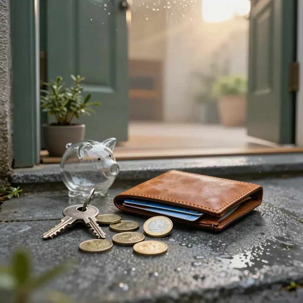 Soglia di casa con portafoglio, carte, monete euro, chiavi e salvadanaio in vetro dopo la pioggia.