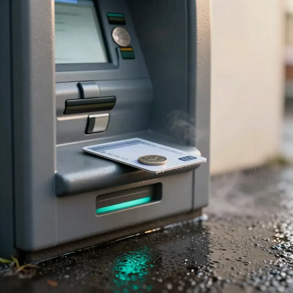 Bancomat scuro sotto la pioggia, carta sospesa e monetina sul bordo.