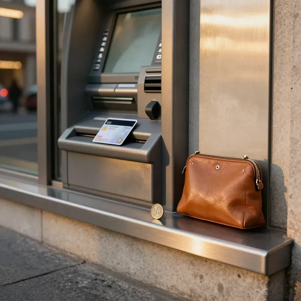 Bancomat in metallo con carta in uscita, moneta sul bordo e portamonete in pelle, luce serale urbana.