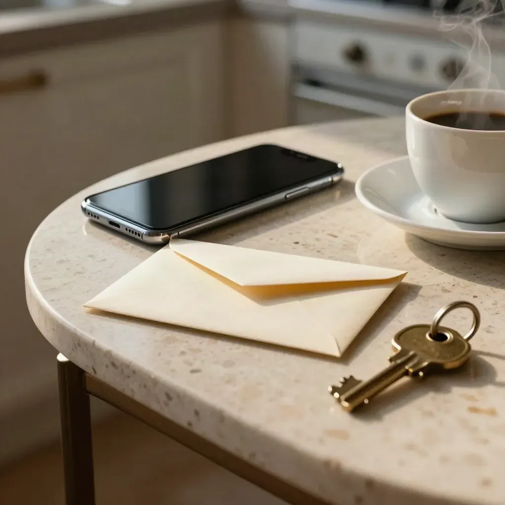 Telefono spento, busta chiusa, carta anonima, caffè e chiavi su tavolo di cucina, luce mattutina tesa.