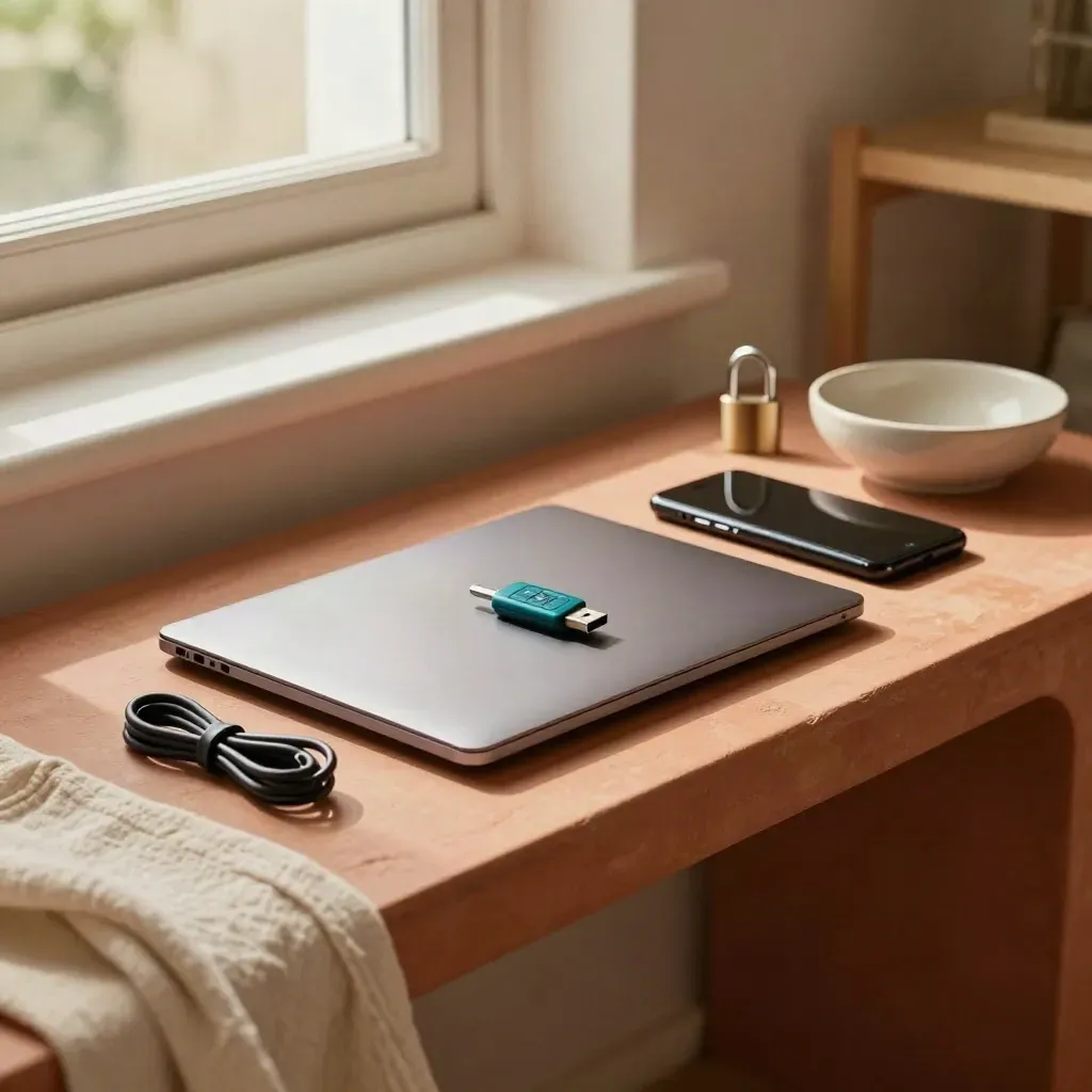 Console domestica con laptop chiuso, chiave USB, telefono spento, lucchetto e cavo arrotolato.