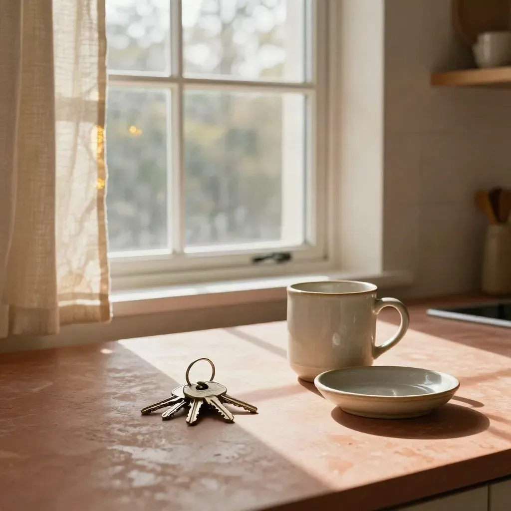 Chiavi di casa e tazza su piano cucina, con ombre di nuvole che scorrono verso la finestra.