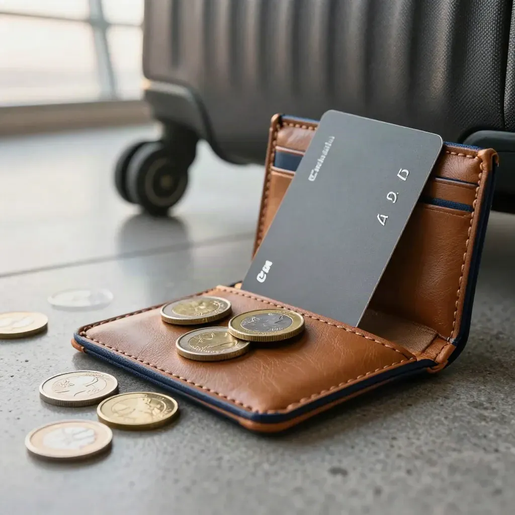 Portafoglio da viaggio, monete straniere, carta anonima e valigia sfocata sul pavimento dell’aeroporto.
