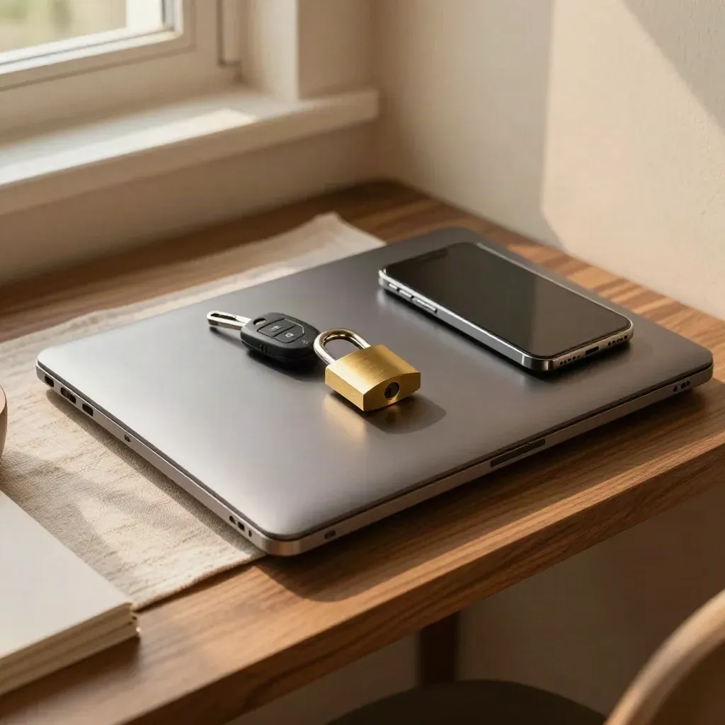Laptop chiuso, chiave di sicurezza, lucchetto e telefono spento su mensola di legno.