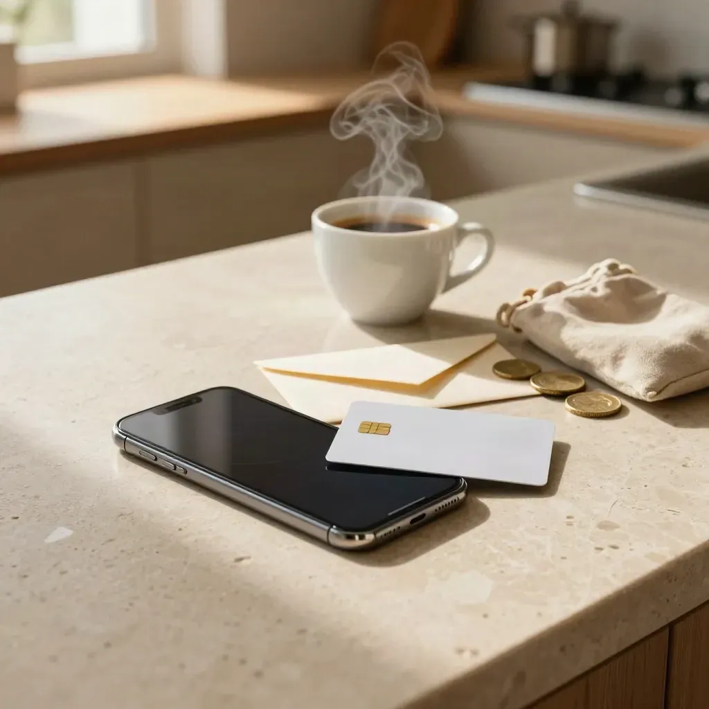 Telefono spento, carta bancaria, busta chiusa e bustina di monete su un tavolo con vapore di caffè.