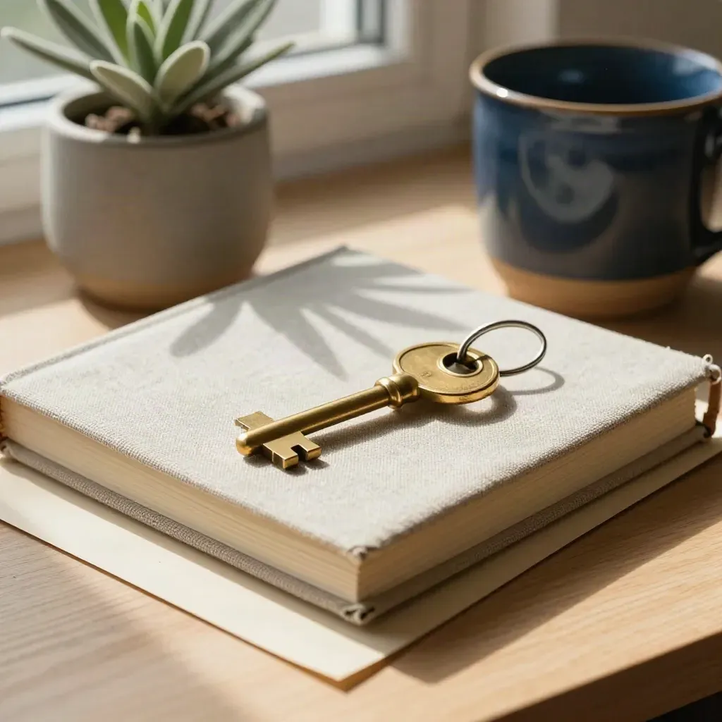 Chiave di casa in ottone su quaderno chiuso con pianta e tazza in gres, su piano chiaro.