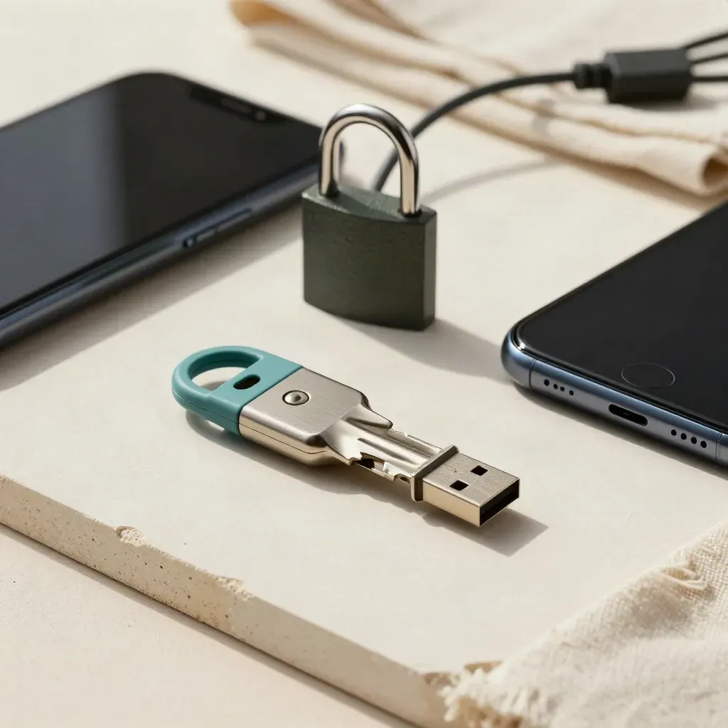 Chiavetta USB di sicurezza, lucchetto, smartphone spento e cavo arrotolato su sfondo chiaro.